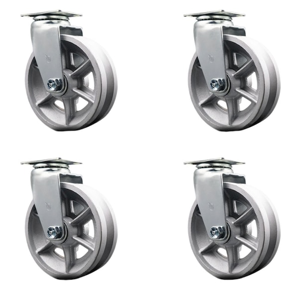 6'' V-Groove Semi Steel Wheel Swivel Caster Set with Bronze Bearings, 4PK